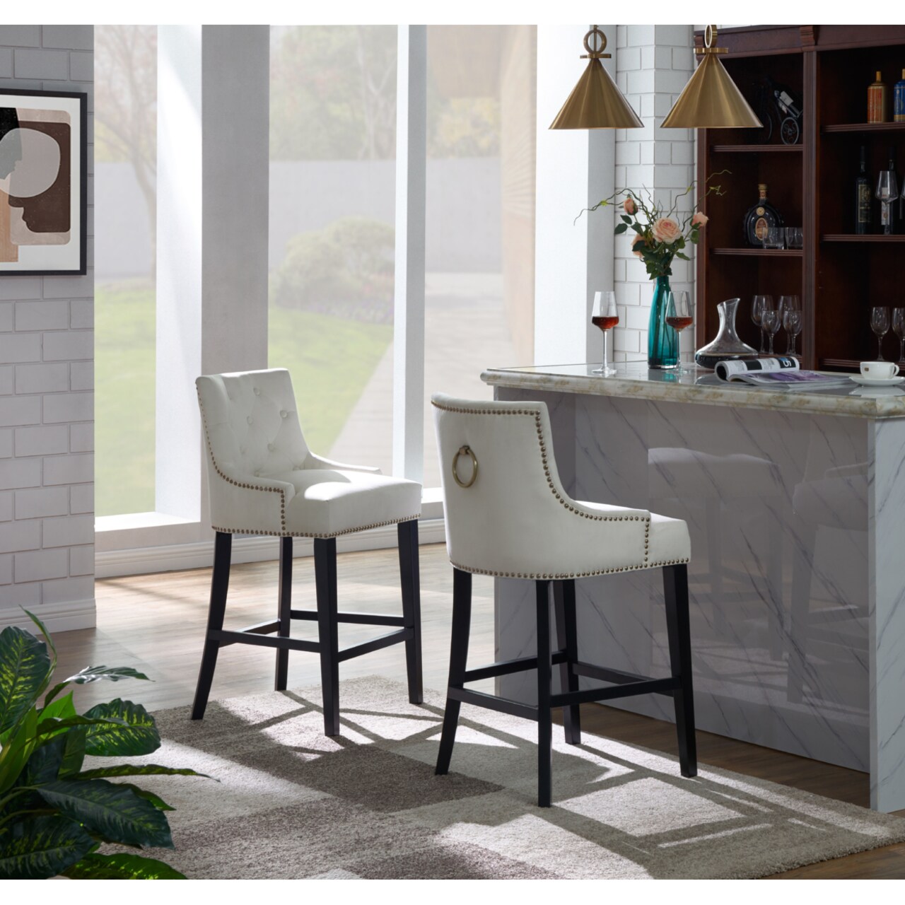 Iconic Home Lake Counter Stool Chair Button Tufted Velvet Upholstered Nailhead Trim Swoop Arm Seat